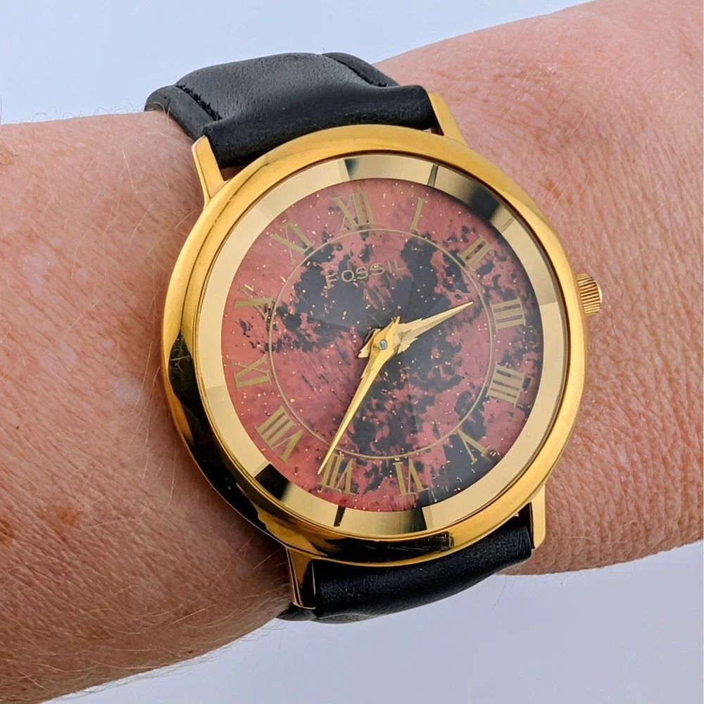 Vintage 1994 Fossil PC-7362 Unisex Watch Faceted Crystal Red Black Dial 34mm